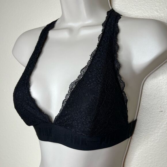 Pink Victorias Secret Black Lace Bralette Racer Halter T Back Women Size Small - Picture 4 of 16